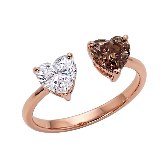 LOVE  טבעת יהלומים 2 לבבות חום ולבן טבעיים