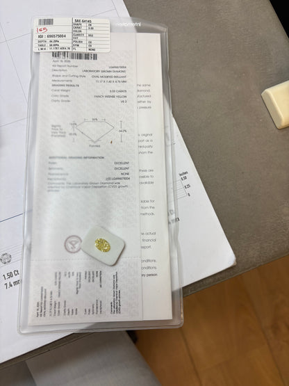 יהלום צהוב מעבדה בחיתוך אובל במשקל  3 קראט