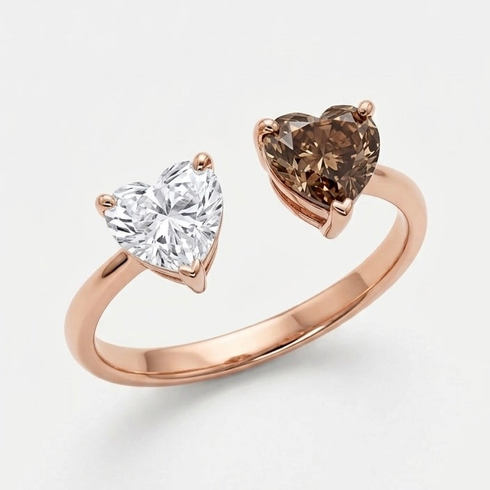 LOVE  טבעת יהלומים 2 לבבות חום ולבן טבעיים